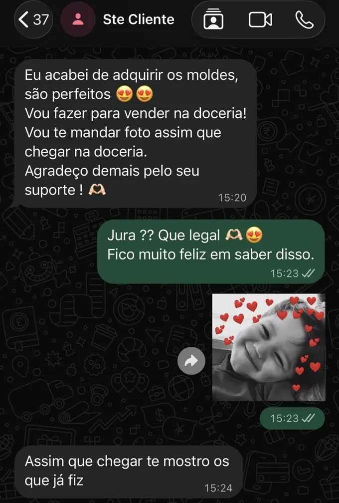 Captura de conversa: cliente diz que os moldes são perfeitos e que vai fazer para vender na doceria
