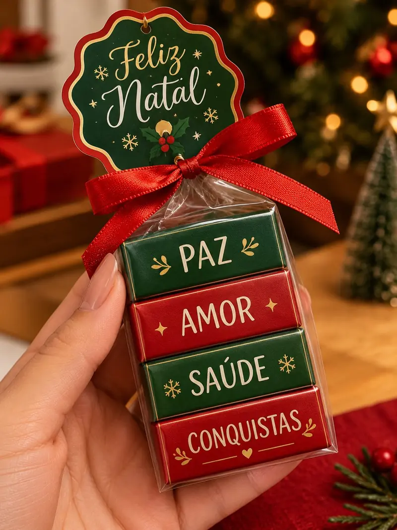 Lembrancinha de Natal com quatro chocolates Bis decorados com as palavras Paz, Amor, Saúde e Conquistas, tag Feliz Natal e laço vermelho